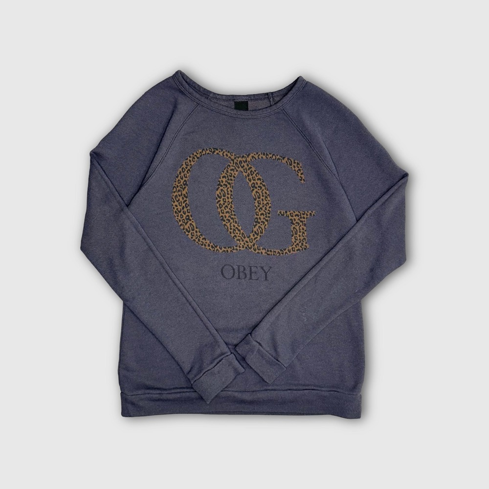 Obey OG Leopard Print Graphic Crewneck Pullover Sweatshirt - Women's - S - Gray